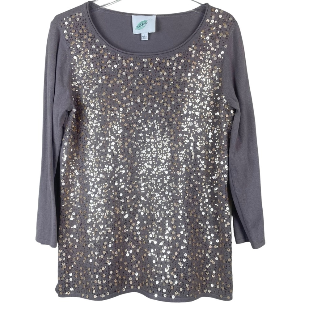 Nurture Beige Sequined Front Lightweight Cotton Blend Sweater Size Large